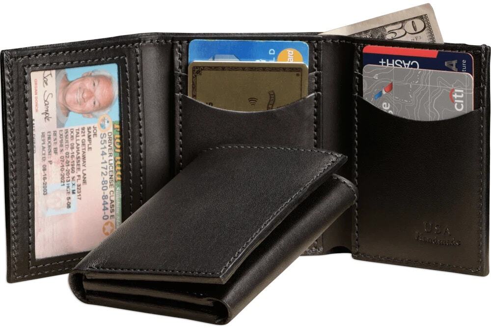 New Amish Made Belts Black Premium Leather Trifold Wallet w/ ID Window Men's